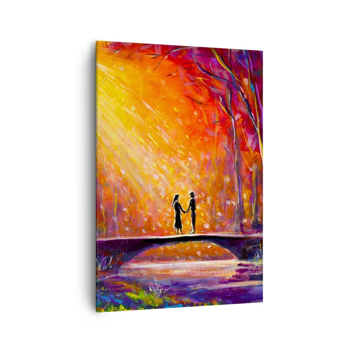 Bild auf Leinwand - Leinwandbild - Romantisches Paar auf einer Brücke im herbstlichen Wald - 70x100cm - Der Himmel liebt sie auch - Moderne Wanddekoration für Wohnzimmer und Schlafzimmer ARTTOR