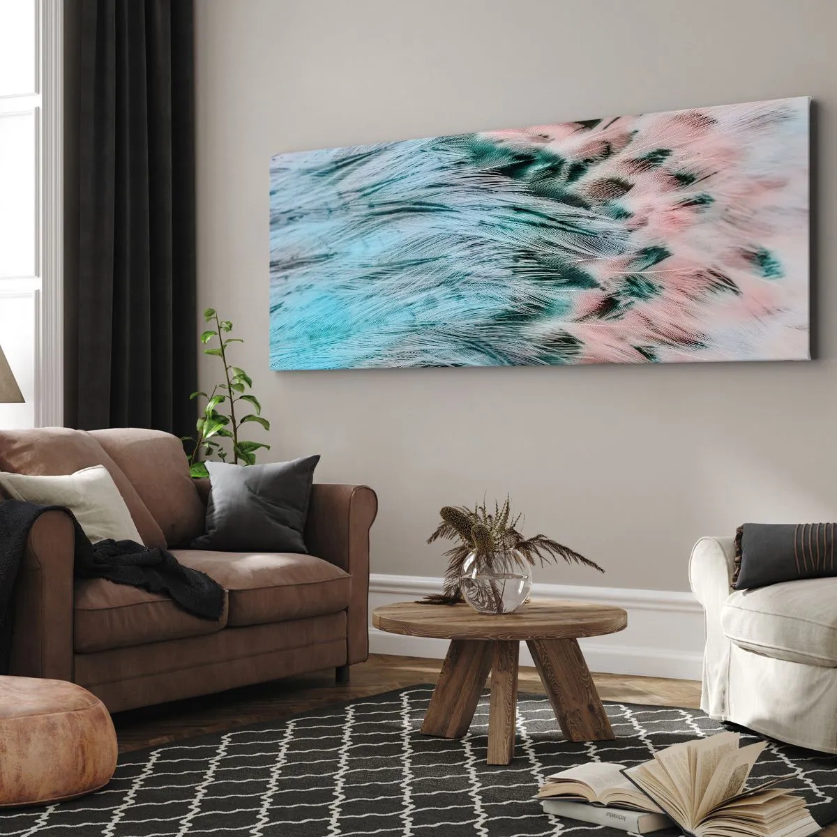 Bild auf Leinwand - Leinwandbild - Nahaufnahme von Federn in pastellfarbenen Saphir-Rosa-Farben - 140x50cm - Saphirrosa Daunen - Moderne Wanddekoration für Wohnzimmer und Schlafzimmer ARTTOR