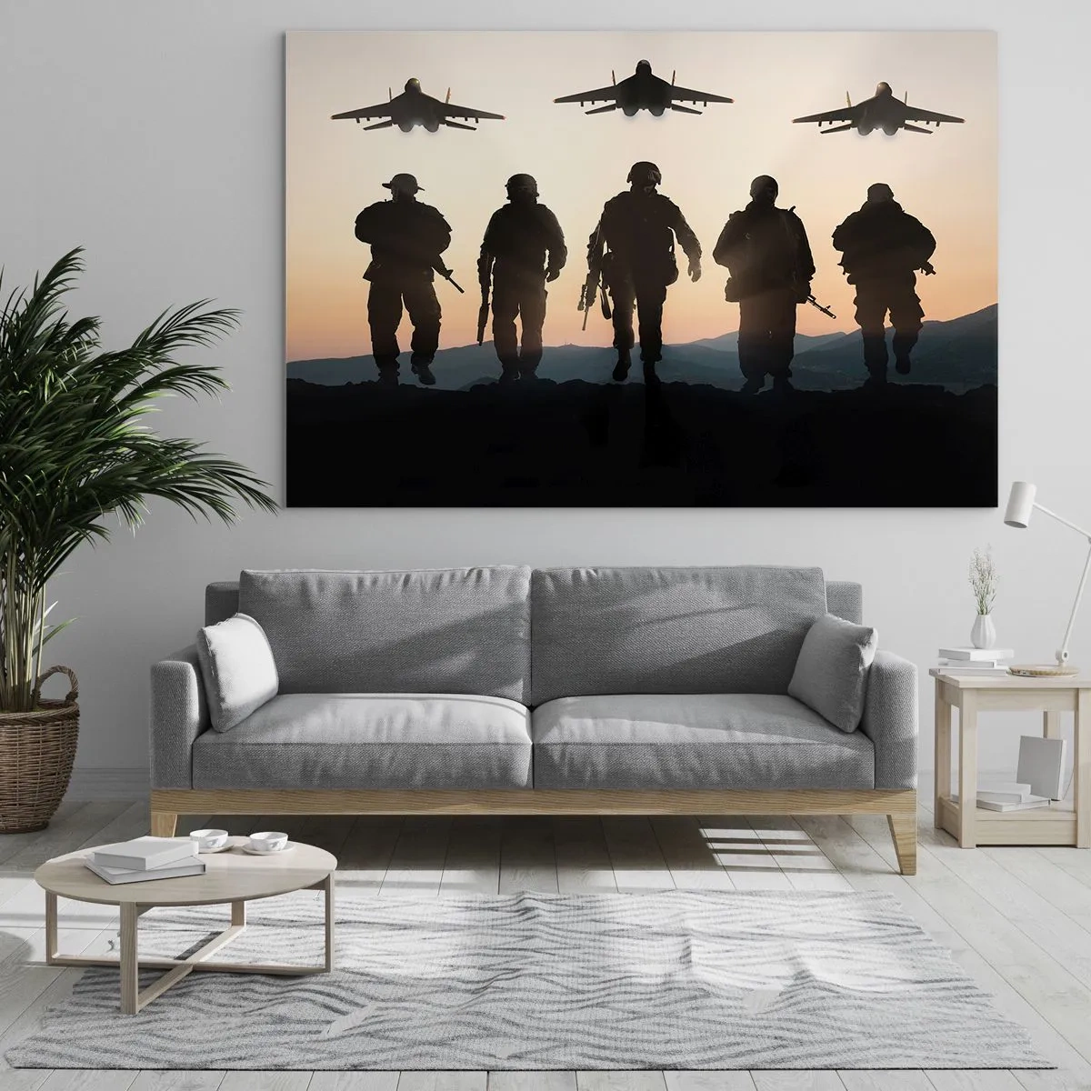 Glasbild - Bild auf glas - Soldaten vor der Kulisse der untergehenden Sonne und Jets - 70x50cm - Willkommen in unserer Welt - Moderne Wanddekoration für Wohnzimmer und Schlafzimmer ARTTOR