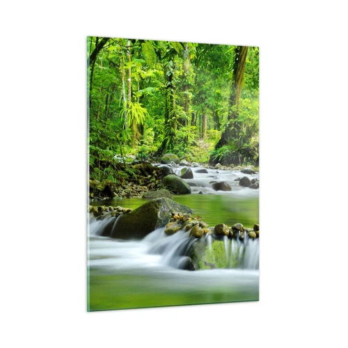 Glasbild - Bild auf glas - Ein Waldbach, umgeben von üppiger Vegetation - 50x70cm - Schwimmen Sie in einem Meer aus Grün - Moderne Wanddekoration für Wohnzimmer und Schlafzimmer ARTTOR