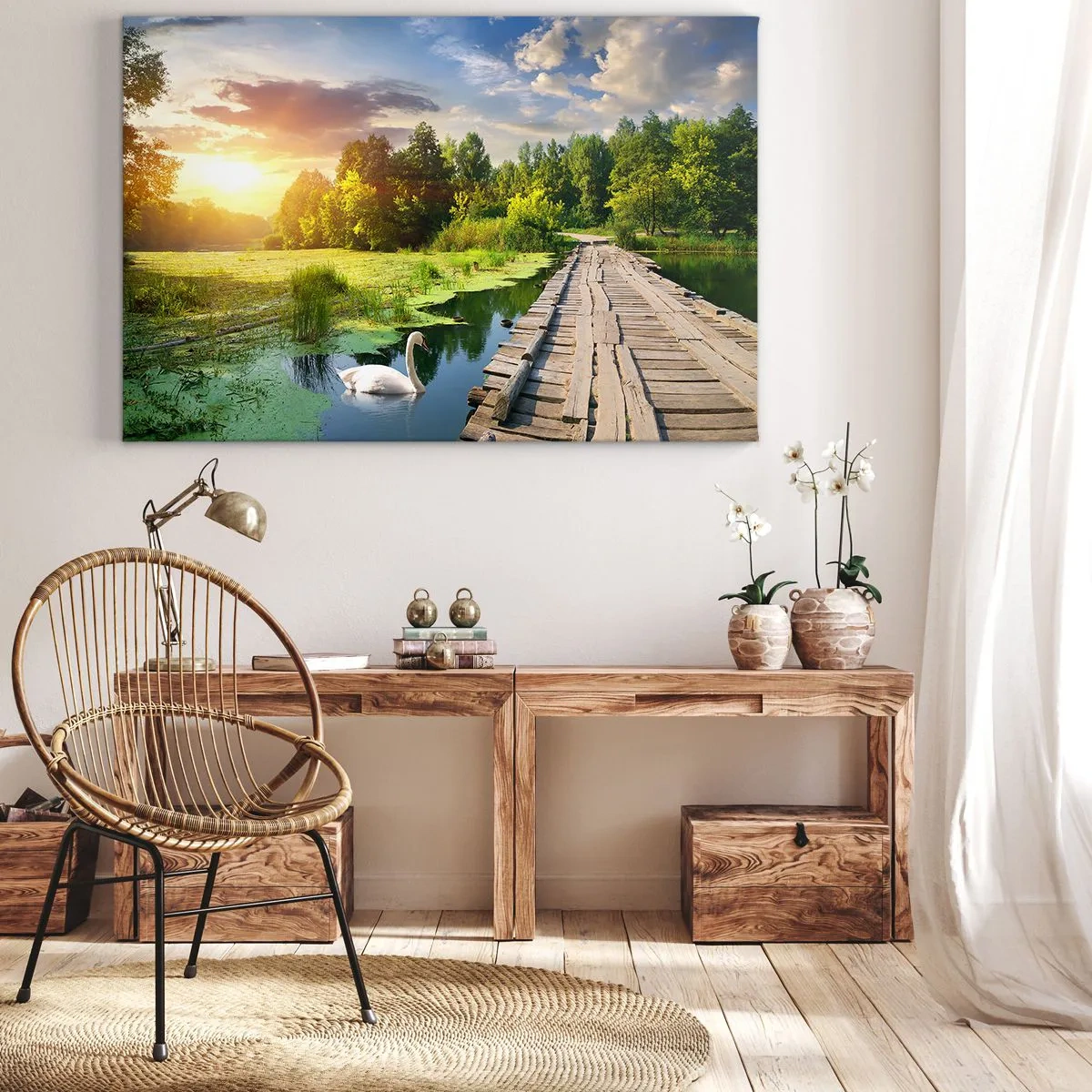 Bild auf Leinwand - Leinwandbild - Eine malerische Landschaft mit einer Brücke und einem Schwan - 100x70cm - Sommer, Sommer überall - Moderne Wanddekoration für Wohnzimmer und Schlafzimmer ARTTOR