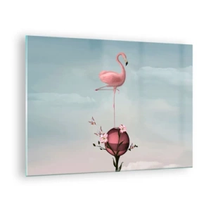 Glasbild - Bild auf glas - Ein rosa Flamingo steht auf einer dekorativen Kugel mit Blumen und Schmetterlingen. - 70x50cm - Basketball-Allegorie - Moderne Wanddekoration für Wohnzimmer und Schlafzimmer ARTTOR