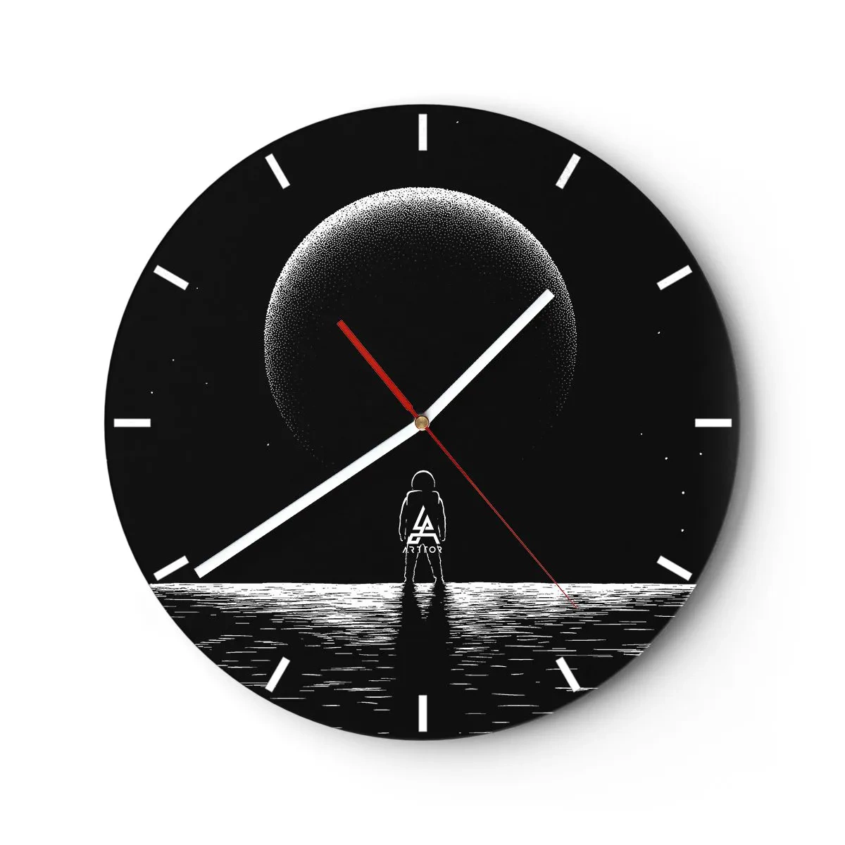 Wanduhr - Glasuhr - Silhouette eines Astronauten vor einem großen Planeten im Weltraum - 30x30cm - Angesicht zu Angesicht - Moderne Wanddekoration für Wohnzimmer, Küche und Schlafzimmer ARTTOR