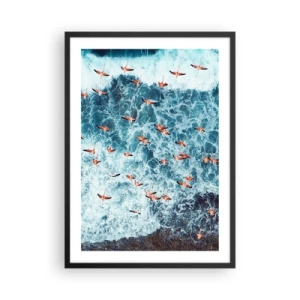 Poster in einem schwarzem Rahmen - Flamingos über den Meereswellen in intensiven Farben - 50x70cm - Die Küstenparade - Moderne Wanddekoration für Wohnzimmer und Schlafzimmer ARTTOR