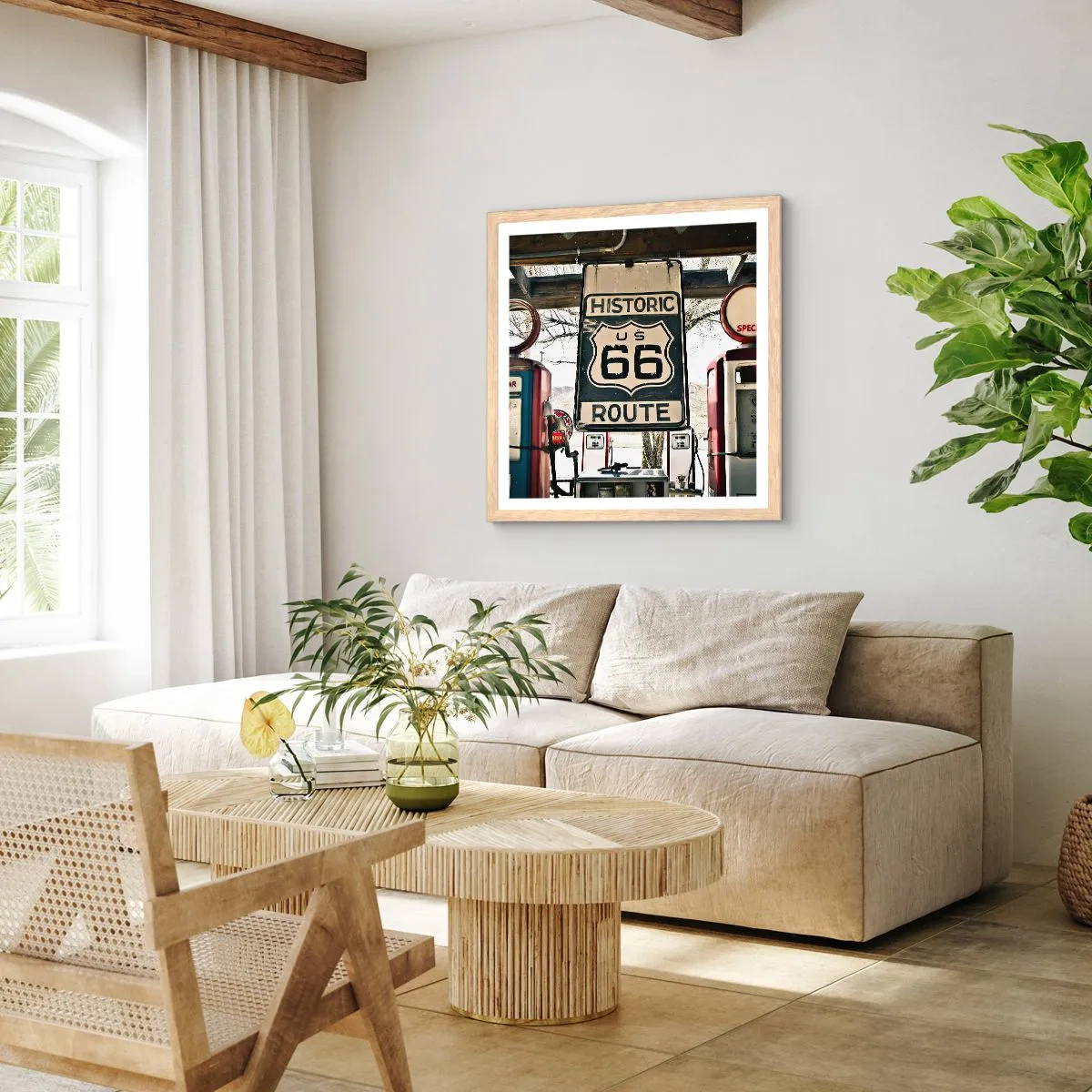 Poster in einem Rahmen aus heller Eiche - Amerikanische Retro-Reise - 40x40 cm