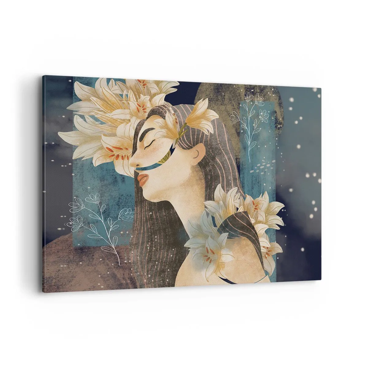Bild auf Leinwand - Leinwandbild - Porträt einer Frau mit Blumen im künstlerischen Stil auf dunklem Hintergrund - 120x80cm - Ein Märchen über eine Prinzessin mit Lilien - Moderne Wanddekoration für Wohnzimmer und Schlafzimmer ARTTOR