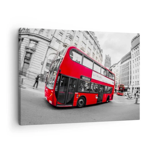 Bild auf Leinwand - Leinwandbild - Ein roter Londoner Bus vor einer schwarz-weißen Straße - 70x50cm - London traditionell - mit dem Bus - Moderne Wanddekoration für Wohnzimmer und Schlafzimmer ARTTOR