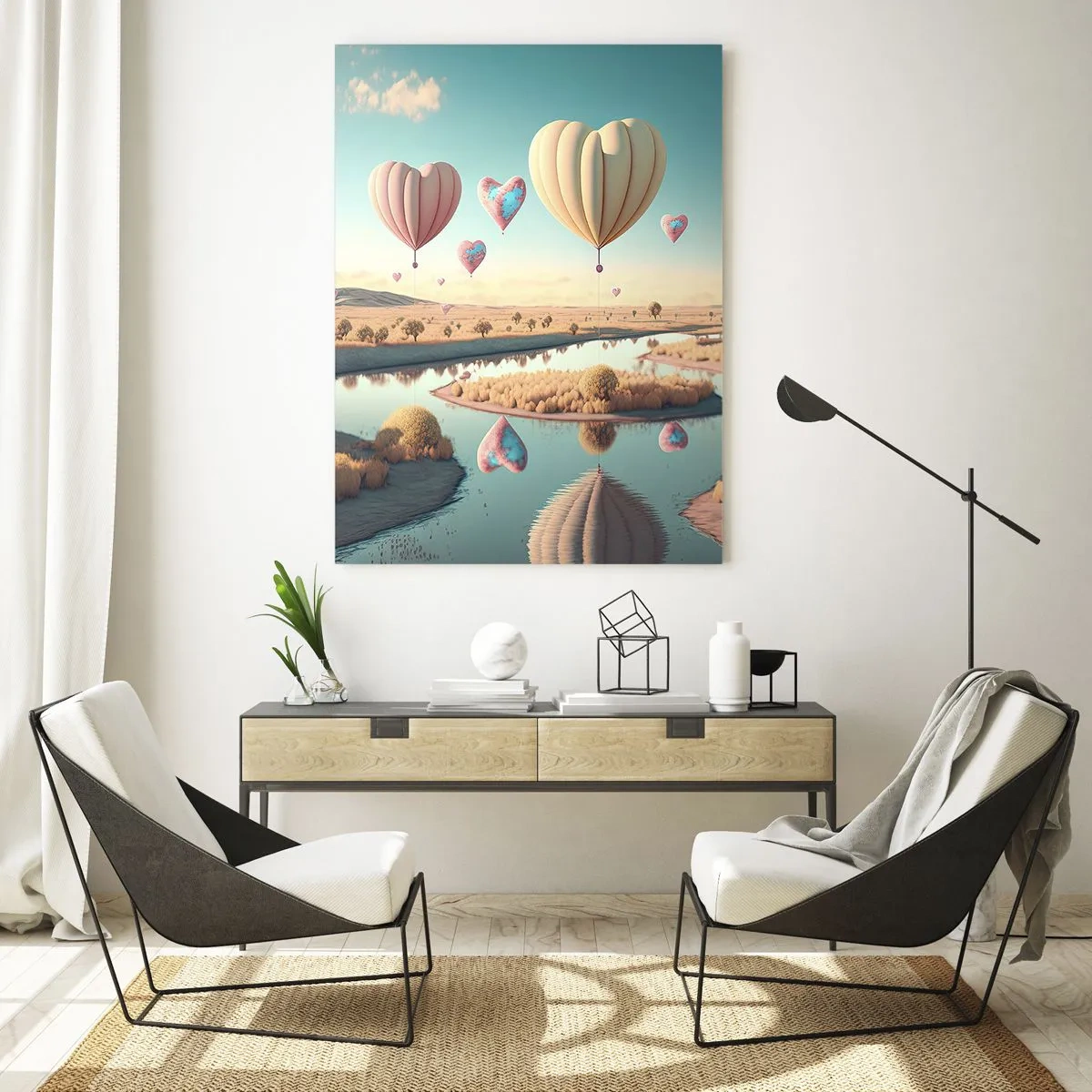 Glasbild - Bild auf glas - Herzförmige Ballons über einer Märchenlandschaft mit Fluss - 50x70cm - Dank Liebe steigt man auf - Moderne Wanddekoration für Wohnzimmer und Schlafzimmer ARTTOR