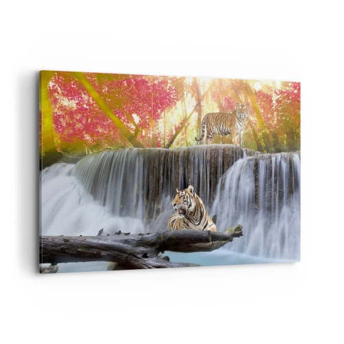 Bild auf Leinwand - Leinwandbild - Tiger an einem Wasserfall im Herbstwald - 120x80cm - Surreale Landschaft - Moderne Wanddekoration für Wohnzimmer und Schlafzimmer ARTTOR