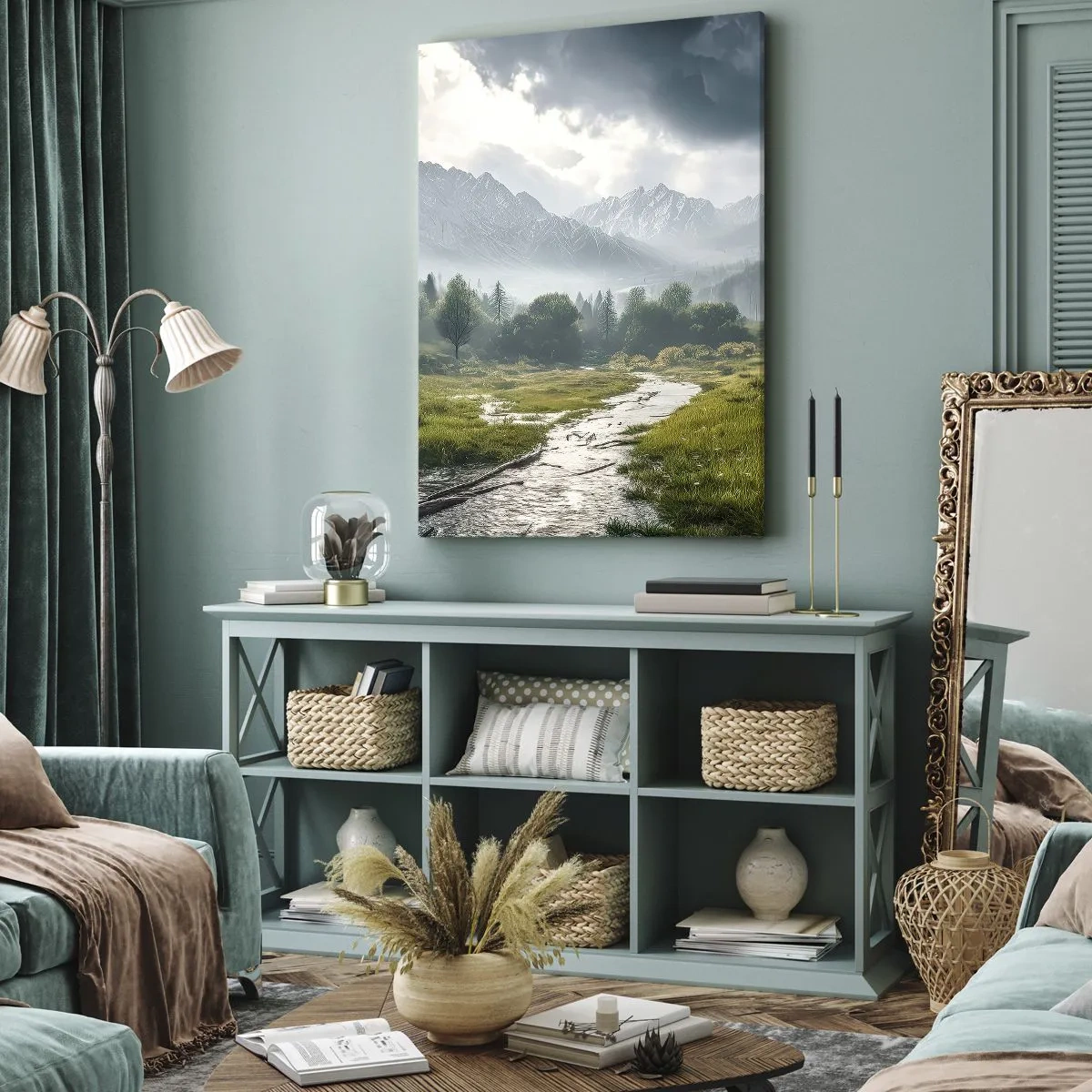 Bild auf Leinwand - Leinwandbild - Eine Berglandschaft mit einem Fluss und Bäumen, umgeben von nebligen Bergen - 50x70cm - Hin und zurück - Moderne Wanddekoration für Wohnzimmer und Schlafzimmer ARTTOR