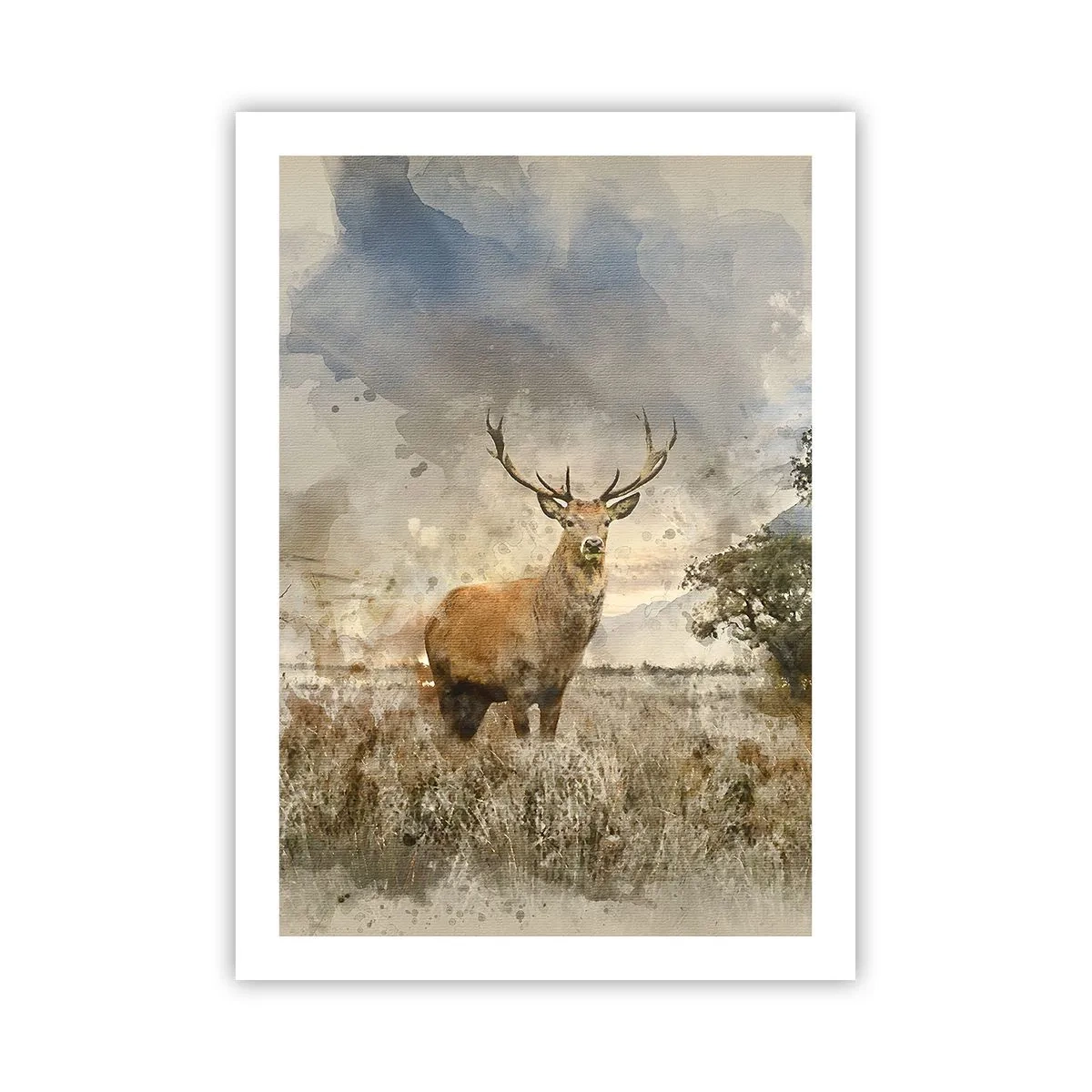 Poster - Hirsch vor natürlichem Hintergrund im malerischen Stil - 50x70cm - Würde – Stärke – Würde - Moderne Wanddekoration für Wohnzimmer und Schlafzimmer ARTTOR