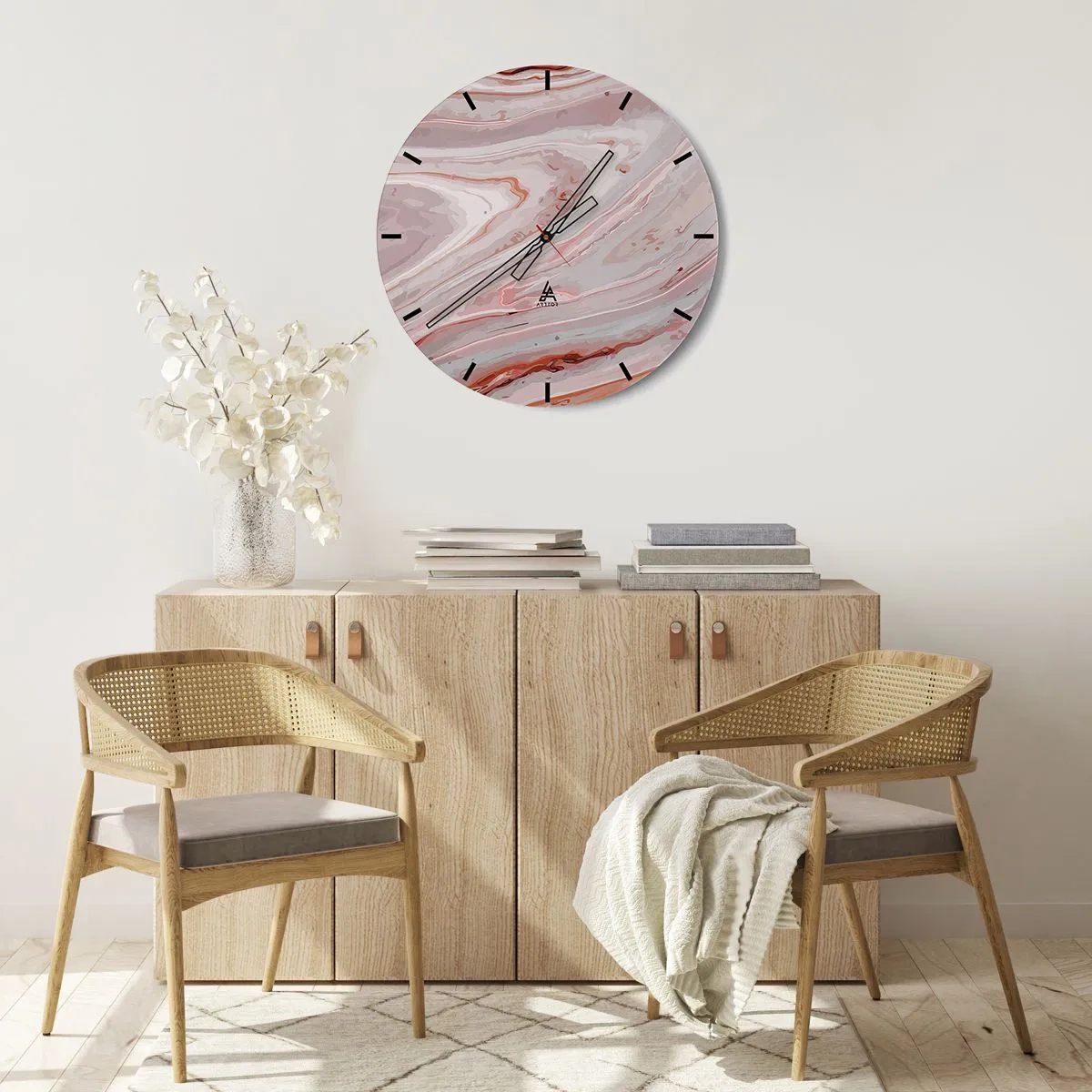 Wanduhr - Glasuhr - Ein abstraktes marmorähnliches Muster in Beige- und Rosatönen. - 30x30cm - Rosa Flüssigkeit - Moderne Wanddekoration für Wohnzimmer, Küche und Schlafzimmer ARTTOR