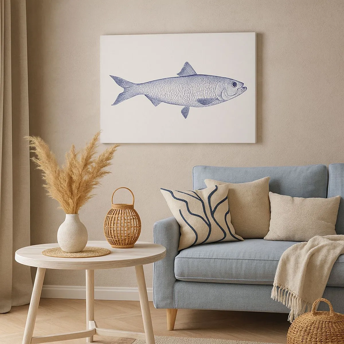 Bild auf Leinwand - Leinwandbild - Illustration eines Fisches in Blautönen auf hellem Hintergrund - 70x50cm - Grüße aus den nördlichen Meeren - Moderne Wanddekoration für Wohnzimmer und Schlafzimmer ARTTOR