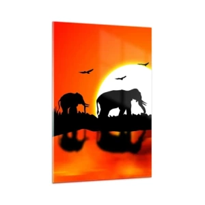 Glasbild - Bild auf glas - Silhouetten von Elefanten bei Sonnenuntergang über dem Wasser mit Reflexion - 80x120cm - Und abends einen kleinen Drink trinken - Moderne Wanddekoration für Wohnzimmer und Schlafzimmer ARTTOR