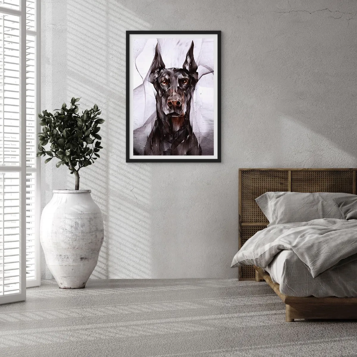 Poster in einem schwarzem Rahmen - Künstlerisches Porträt eines schwarzen Hundes im geometrischen Stil - 50x70cm - Edelgeboren - Moderne Wanddekoration für Wohnzimmer und Schlafzimmer ARTTOR