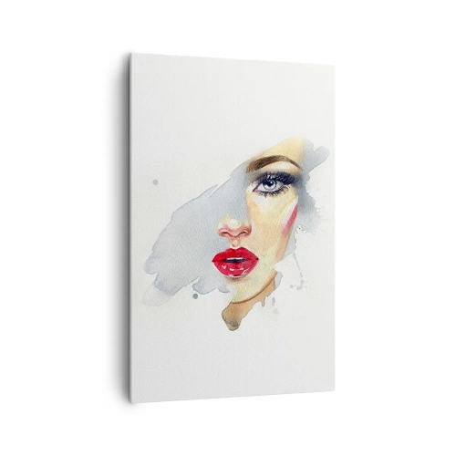 Bild auf Leinwand - Leinwandbild - Ein Aquarellporträt einer Frau mit intensivem Blick. - 80x120cm - Abspiegeln in einem Wassertropfen - Moderne Wanddekoration für Wohnzimmer und Schlafzimmer ARTTOR