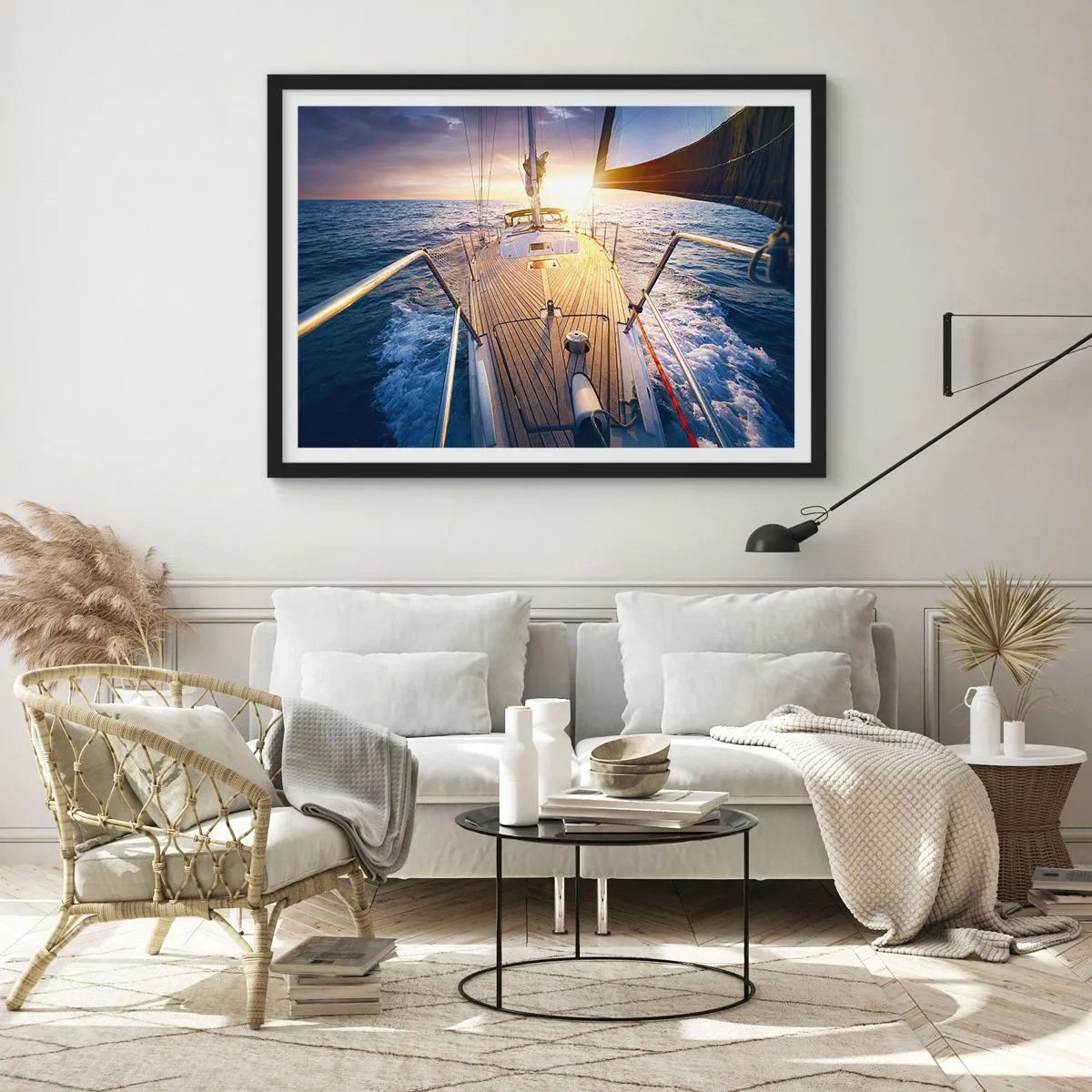 Poster in einem schwarzem Rahmen - Yacht auf See bei Sonnenuntergang - 70x50cm - Laufen unter den Wellen - Moderne Wanddekoration für Wohnzimmer und Schlafzimmer ARTTOR