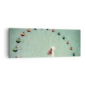 Bild auf Leinwand - Leinwandbild - Ein buntes Riesenrad vor blauem Himmel im Retro-Stil - 140x50cm - Wir laden zum Spiel ein - Moderne Wanddekoration für Wohnzimmer und Schlafzimmer ARTTOR