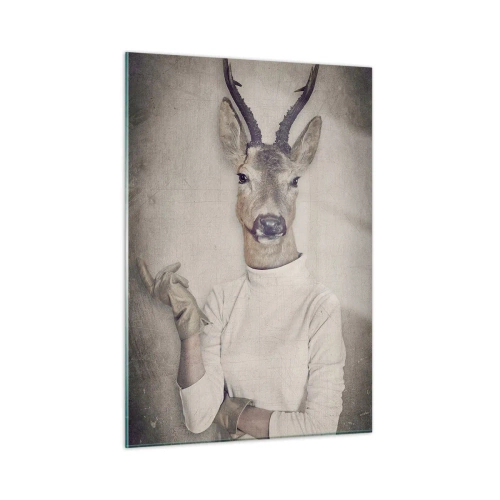 Glasbild - Bild auf glas - Drei Tierfiguren in Menschenkleidung vor neutralem Hintergrund - 50x70cm - Lass die Gesten sprechen - Moderne Wanddekoration für Wohnzimmer und Schlafzimmer ARTTOR