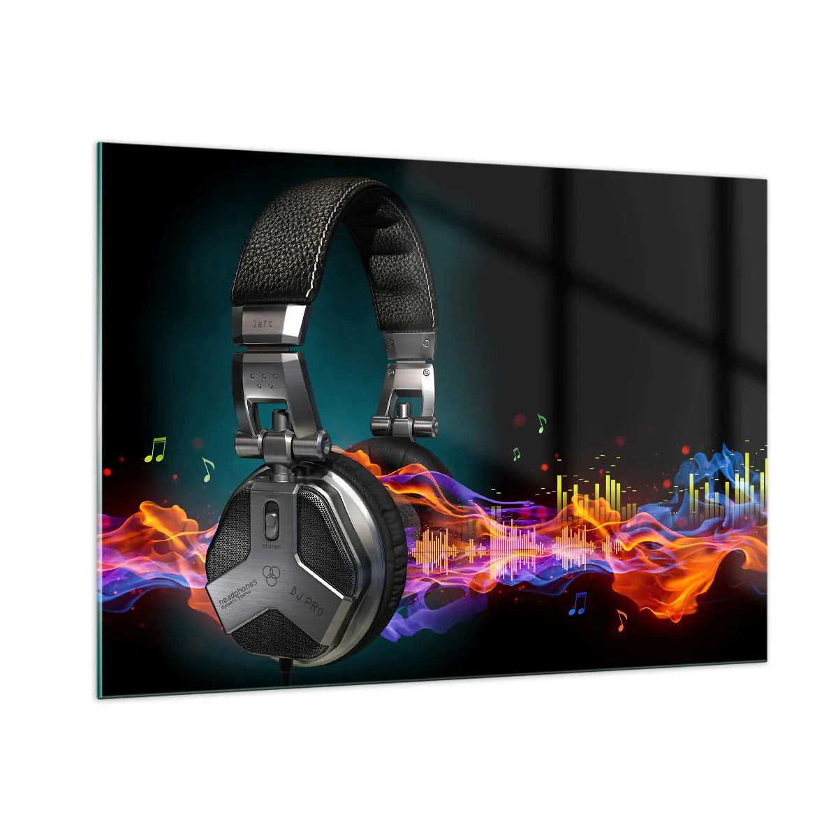 Glasbild - Bild auf glas - DJ-Kopfhörer mit bunten Schallwellen und Musiknoten - 100x70cm - Feuer der Musik - Moderne Wanddekoration für Wohnzimmer und Schlafzimmer ARTTOR
