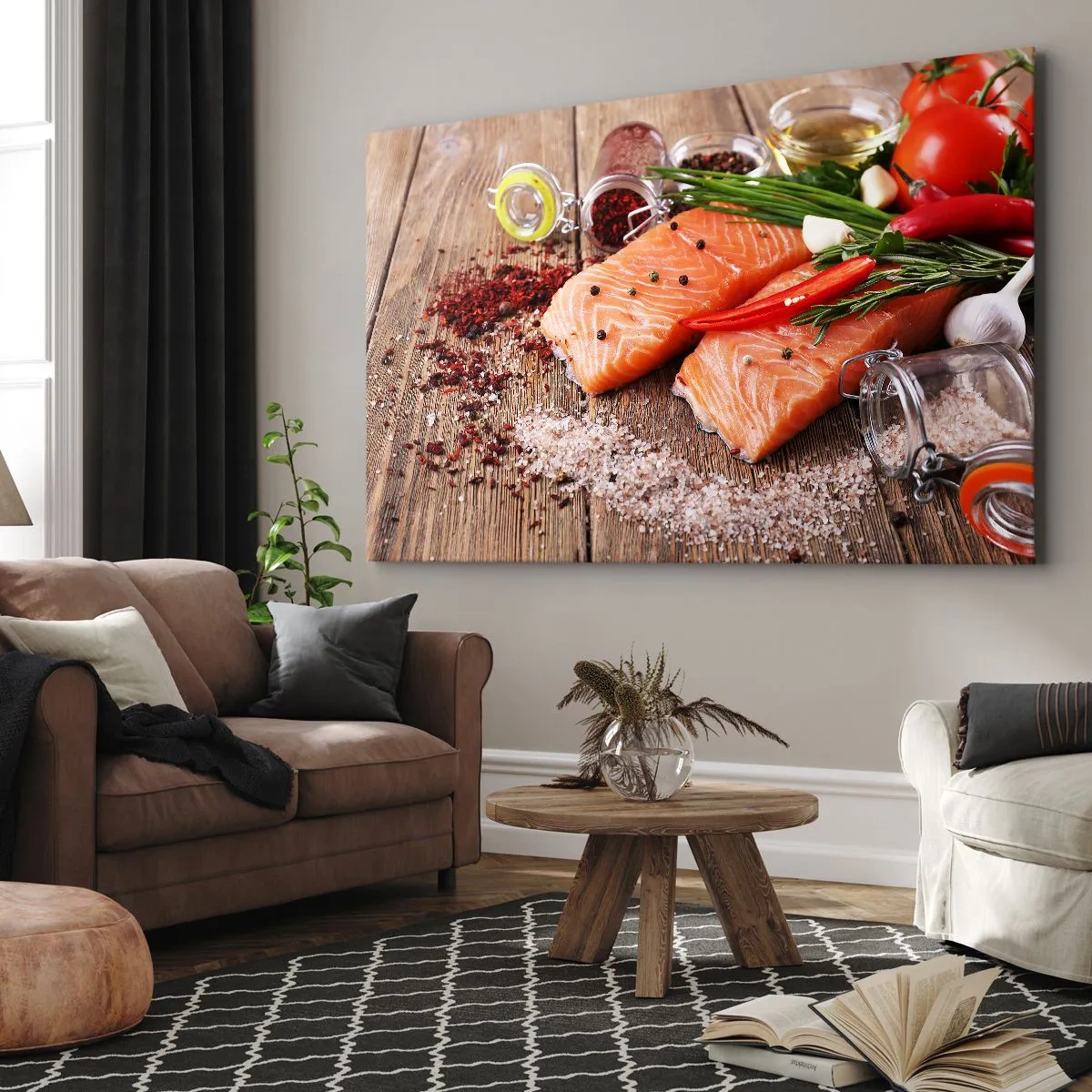 Bild auf Leinwand - Leinwandbild - Lachsfilets mit Gewürzen auf Holzhintergrund - 70x50cm - Norwegisches Abenteuer in der Küche - Moderne Wanddekoration für Wohnzimmer und Schlafzimmer ARTTOR