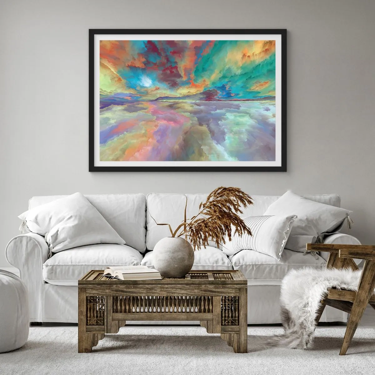 Poster in einem schwarzem Rahmen - Bunte Wolkenlandschaft im abstrakten Stil - 100x70cm - Zwei Himmel - Moderne Wanddekoration für Wohnzimmer und Schlafzimmer ARTTOR