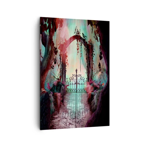 Bild auf Leinwand - Leinwandbild - Ein magischer Eingang mit einem schmiedeeisernen Tor, umgeben von geheimnisvoller Vegetation - 70x100cm - Geheimer Garten - Moderne Wanddekoration für Wohnzimmer und Schlafzimmer ARTTOR