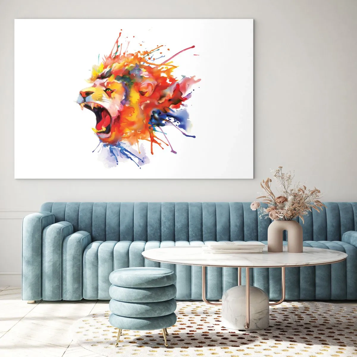 Glasbild - Bild auf glas - Bunter Löwe im Aquarellstil auf weißem Hintergrund - 70x50cm - Um vor Wut zu explodieren - Moderne Wanddekoration für Wohnzimmer und Schlafzimmer ARTTOR