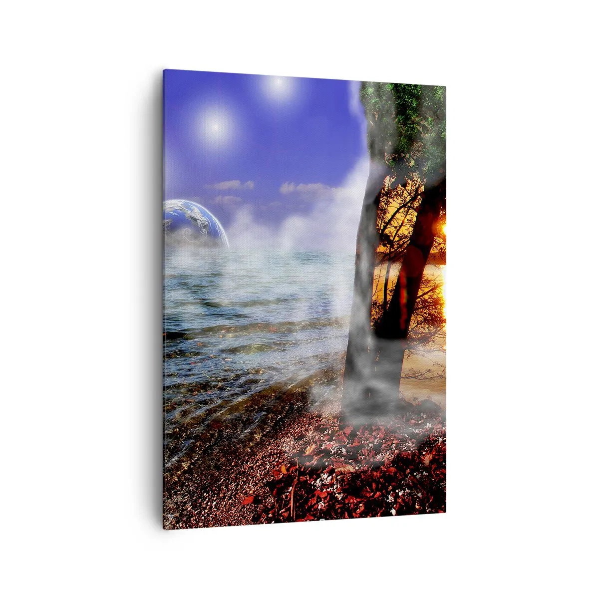 Bild auf Leinwand - Leinwandbild - Fantastische Landschaft mit Meer, Bäumen und Sonnenuntergang. - 70x100cm - Surreale Landschaft - Einheit der Natur - Moderne Wanddekoration für Wohnzimmer und Schlafzimmer ARTTOR