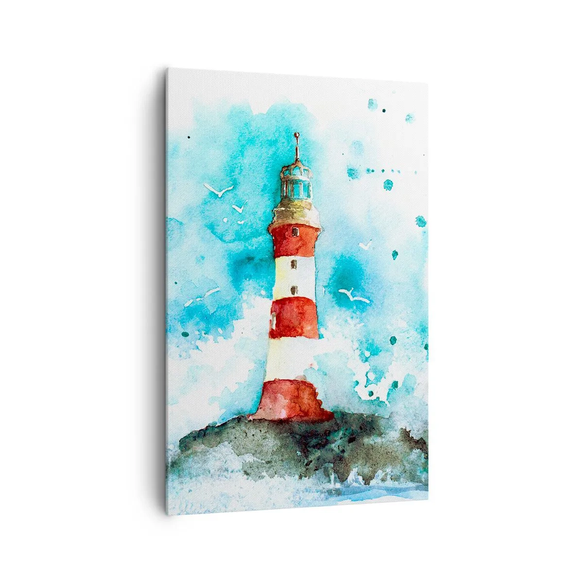 Bild auf Leinwand - Leinwandbild - Ein Leuchtturm in einer Aquarellumgebung mit blauem Hintergrund - 80x120cm - Einheit der Elemente - Moderne Wanddekoration für Wohnzimmer und Schlafzimmer ARTTOR