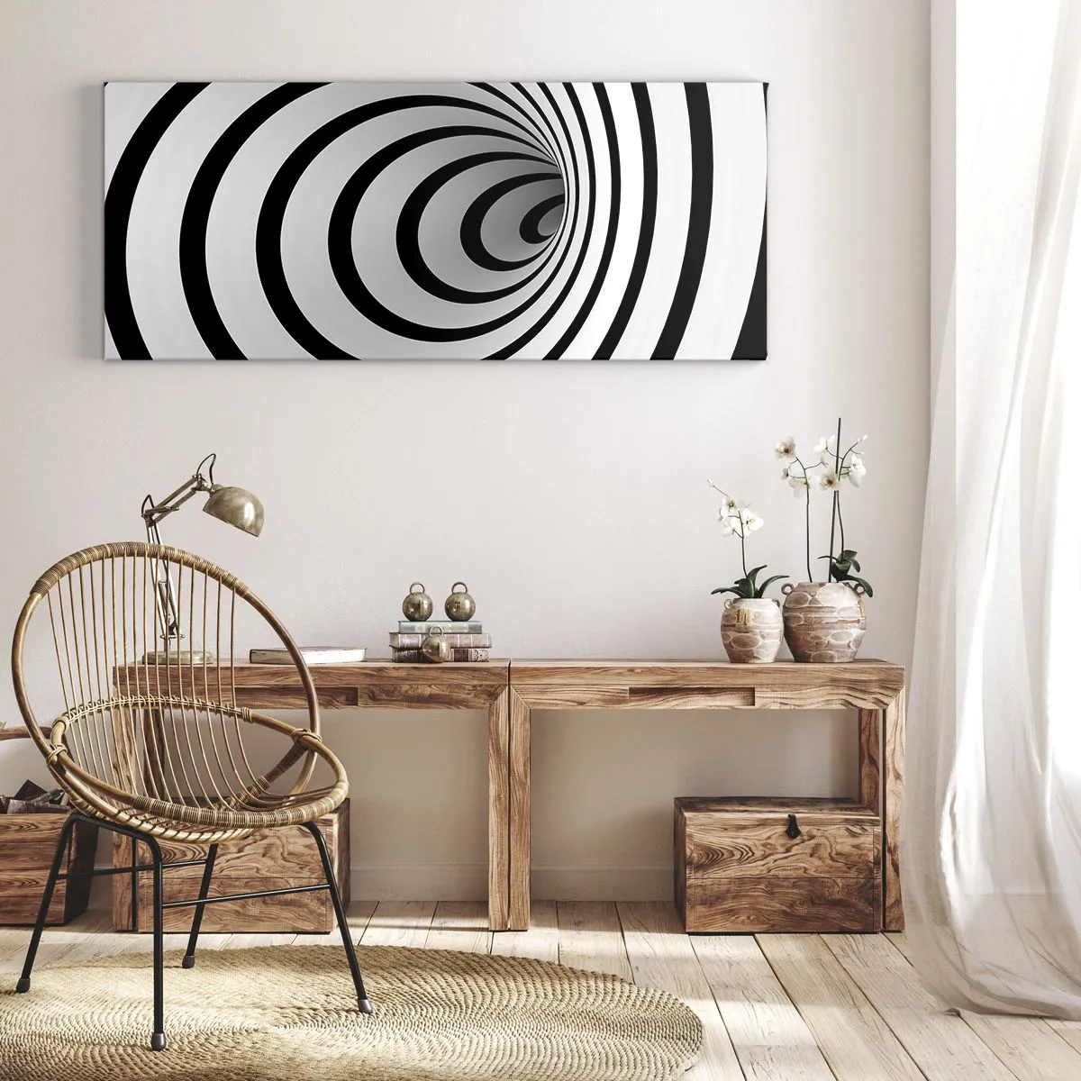 Bild auf Leinwand - Leinwandbild - Eine schwarz-weiße Spirale mit hypnotischer Wirkung - 140x50cm - Sie können dem auch nicht widerstehen? - Moderne Wanddekoration für Wohnzimmer und Schlafzimmer ARTTOR