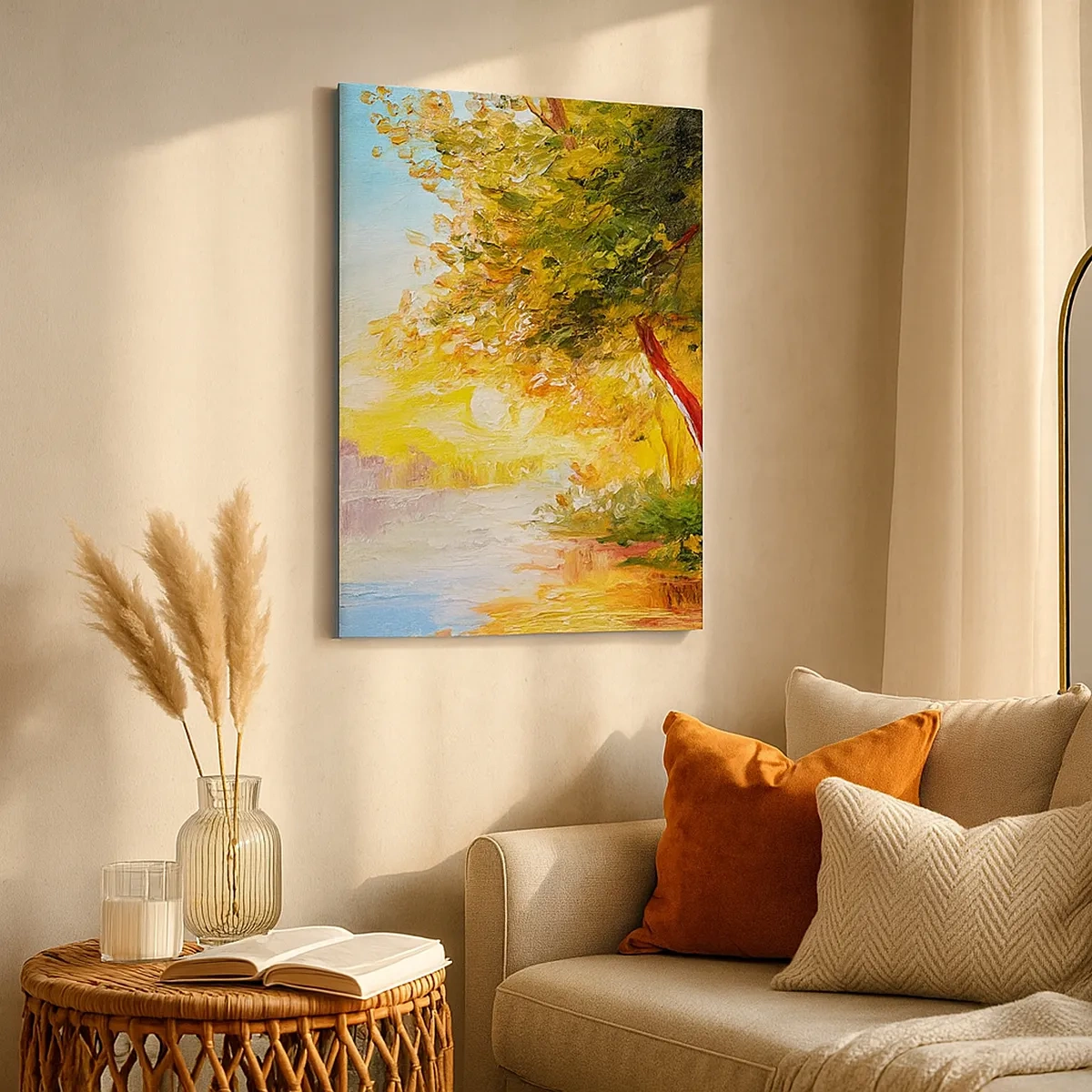 Bild auf Leinwand - Leinwandbild - Eine malerische Landschaft mit einem Fluss und Bäumen bei Sonnenuntergang - 50x70cm - Et in Arcadia ego - Moderne Wanddekoration für Wohnzimmer und Schlafzimmer ARTTOR