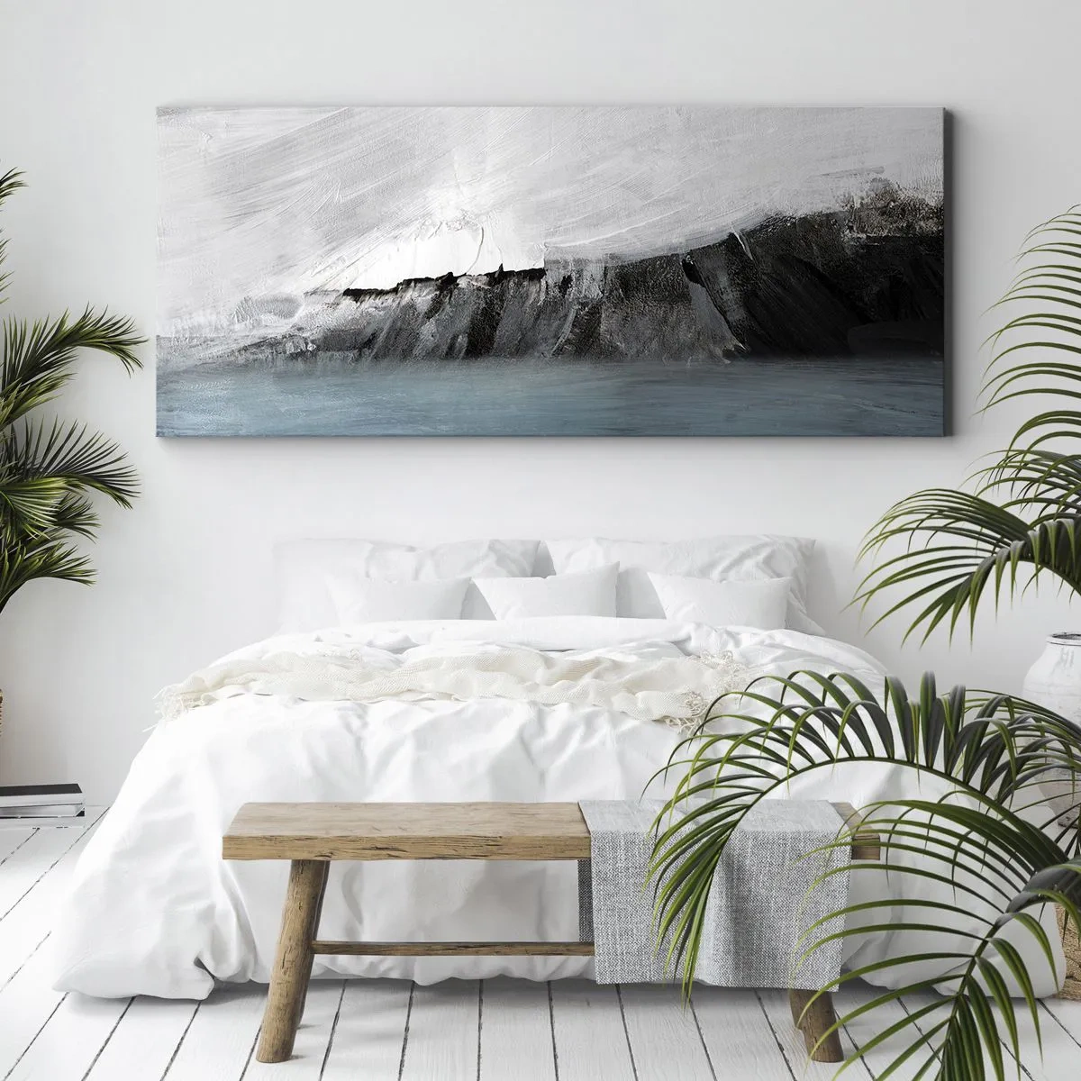 Bild auf Leinwand - Leinwandbild - Abstrakte Landschaft mit Wasser und felsigem Ufer - 120x50cm - Wasser – Erde: Kampf der Naturelemente - Moderne Wanddekoration für Wohnzimmer und Schlafzimmer ARTTOR