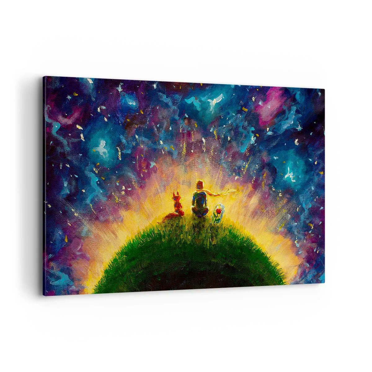 Bild auf Leinwand - Leinwandbild - Figuren auf einem grünen Hügel, umgeben von einem Sternenhimmel - 120x80cm - Liebe und Freundschaft - die ganze Welt - Moderne Wanddekoration für Wohnzimmer und Schlafzimmer ARTTOR