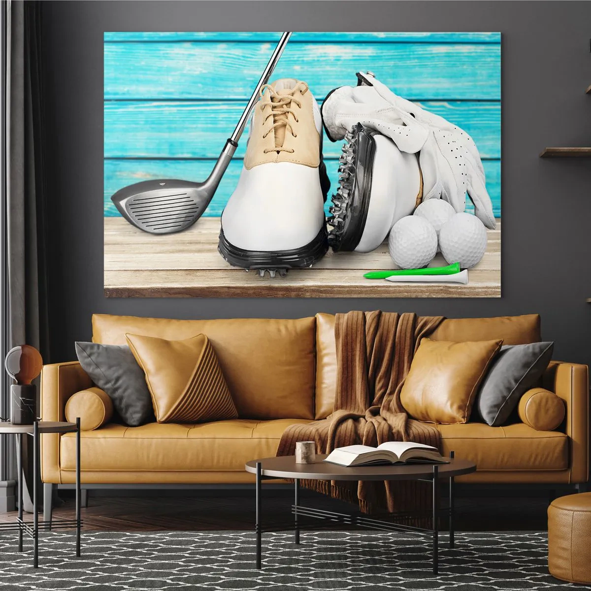 Glasbild - Bild auf glas - Golfzubehör auf Holzhintergrund - 120x80cm - Alles ist bereit - Moderne Wanddekoration für Wohnzimmer und Schlafzimmer ARTTOR