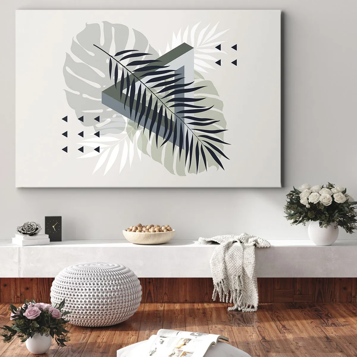 Bild auf Leinwand - Leinwandbild - Geometrische Komposition mit tropischen Blättern in Grüntönen - 100x70cm - Natur und Geometrie – zwei Ordnungen? - Moderne Wanddekoration für Wohnzimmer und Schlafzimmer ARTTOR
