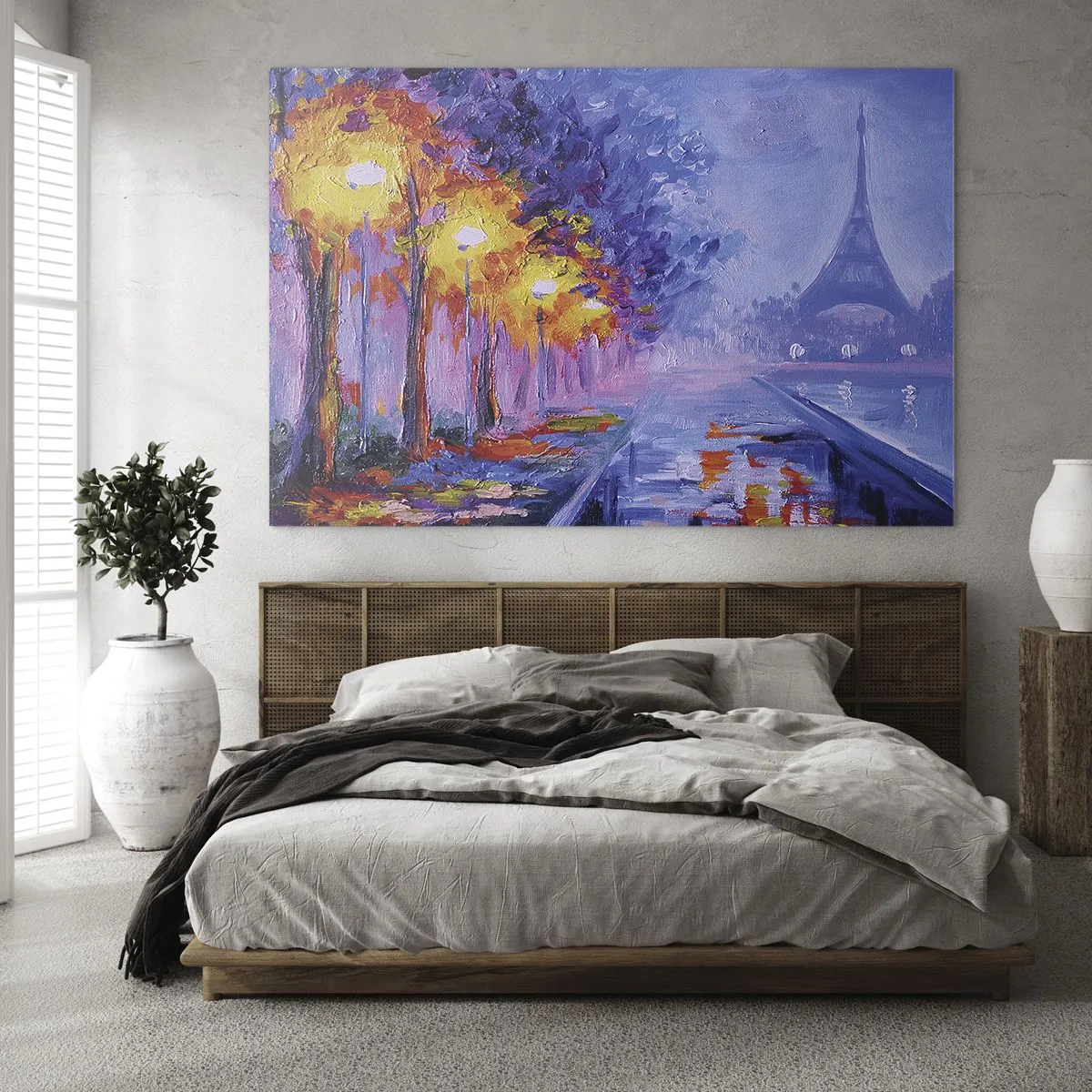 Glasbild - Bild auf glas - Abendspaziergang in Paris mit Eiffelturm - 120x80cm - Ein Traumspaziergang - Moderne Wanddekoration für Wohnzimmer und Schlafzimmer ARTTOR