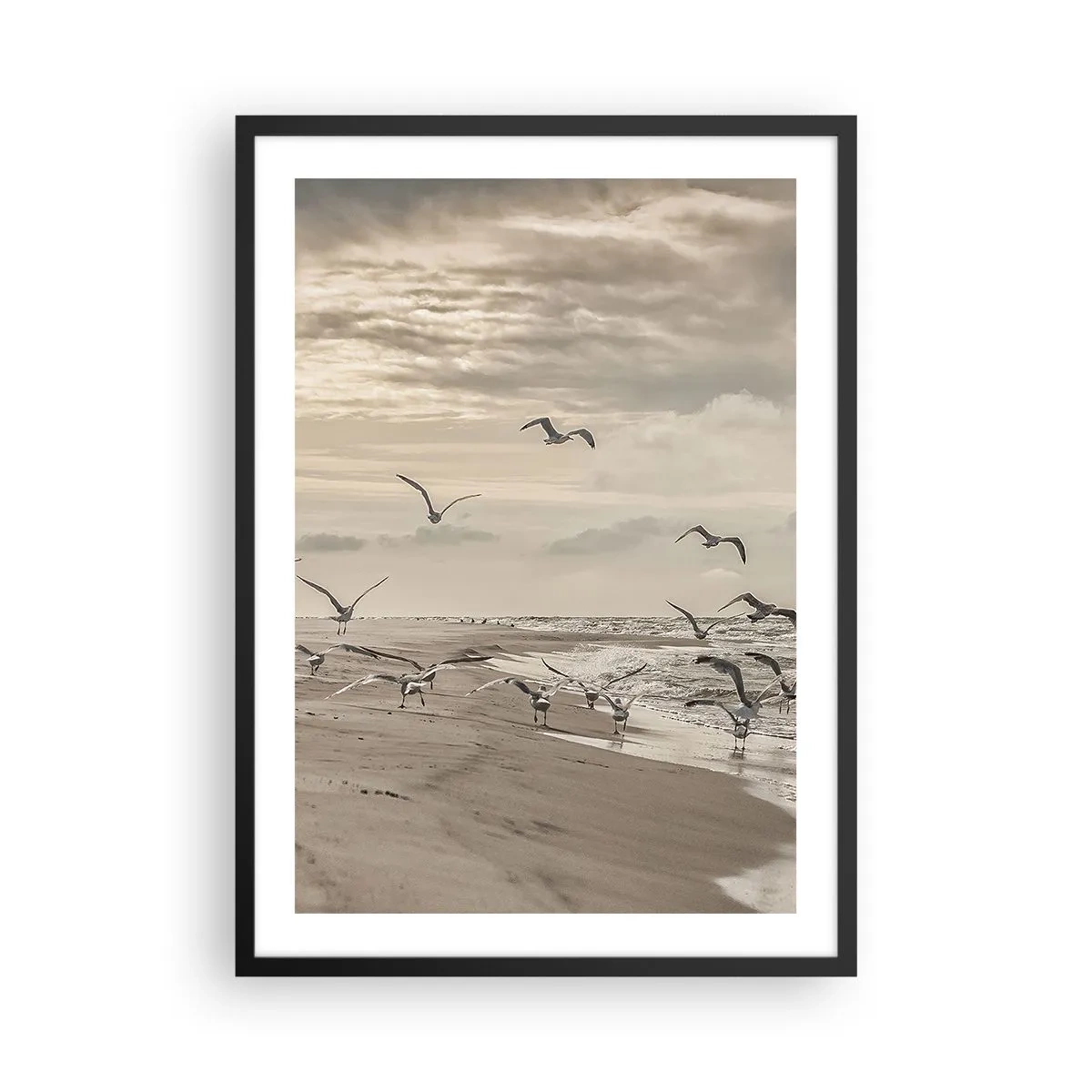 Poster in einem schwarzem Rahmen - Möwen schweben über der Küste unter einem bewölkten Himmel - 50x70cm - Meeresrauschen, Vogelgesang - Moderne Wanddekoration für Wohnzimmer und Schlafzimmer ARTTOR