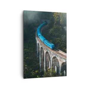 Bild auf Leinwand - Leinwandbild - Ein blauer Zug auf einem historischen Viadukt inmitten der Wälder - 50x70cm - Neigung zur Natur - Moderne Wanddekoration für Wohnzimmer und Schlafzimmer ARTTOR