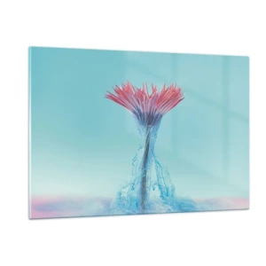 Glasbild - Bild auf glas - Eine phantasievolle Blume, eingetaucht in einen blauen und rosa Dunst - 120x80cm - In einer belebenden Umarmung - Moderne Wanddekoration für Wohnzimmer und Schlafzimmer ARTTOR