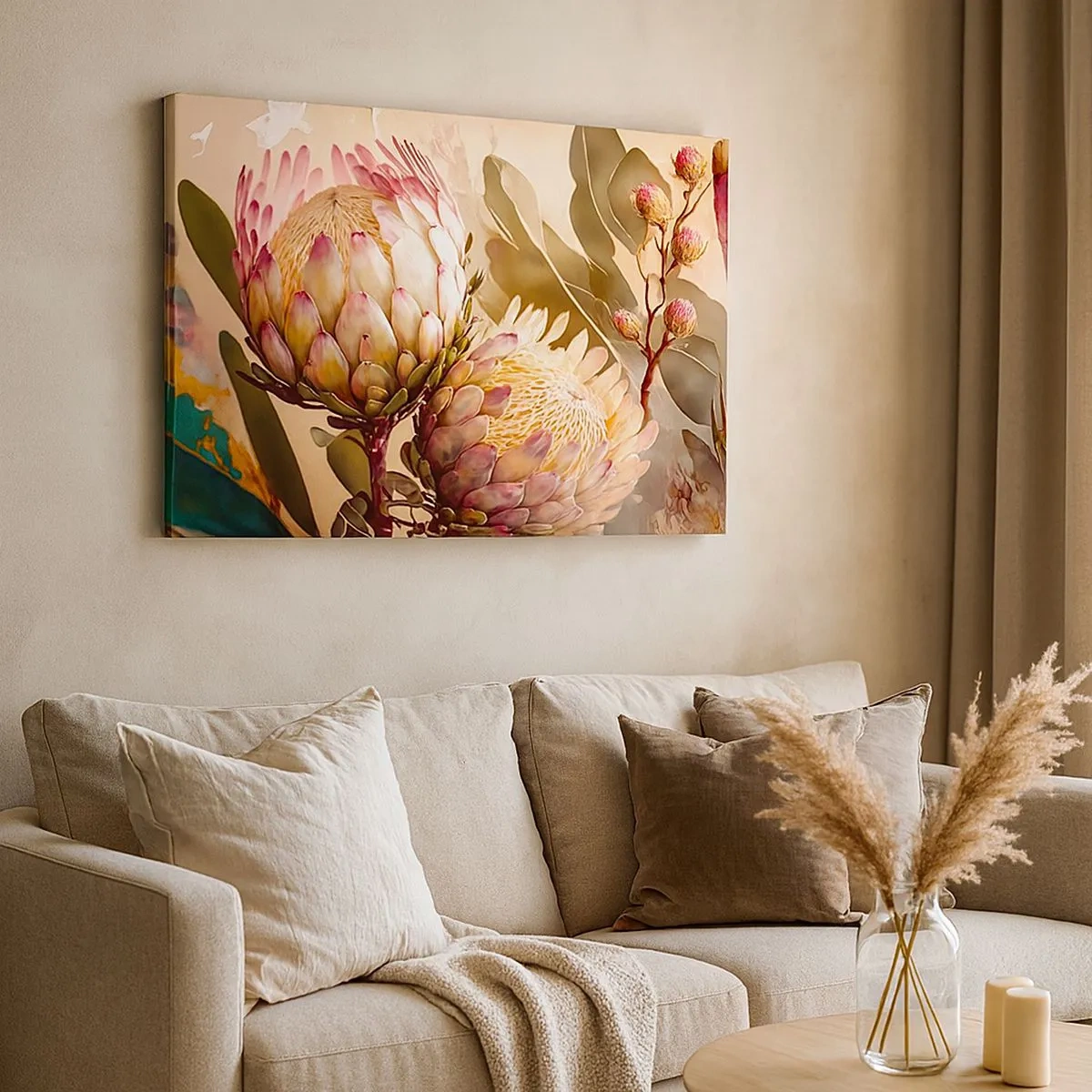 Bild auf Leinwand - Leinwandbild - Bunte Protea-Blüten auf zartem Hintergrund - 70x50cm - Zärtlich umarmt - Moderne Wanddekoration für Wohnzimmer und Schlafzimmer ARTTOR