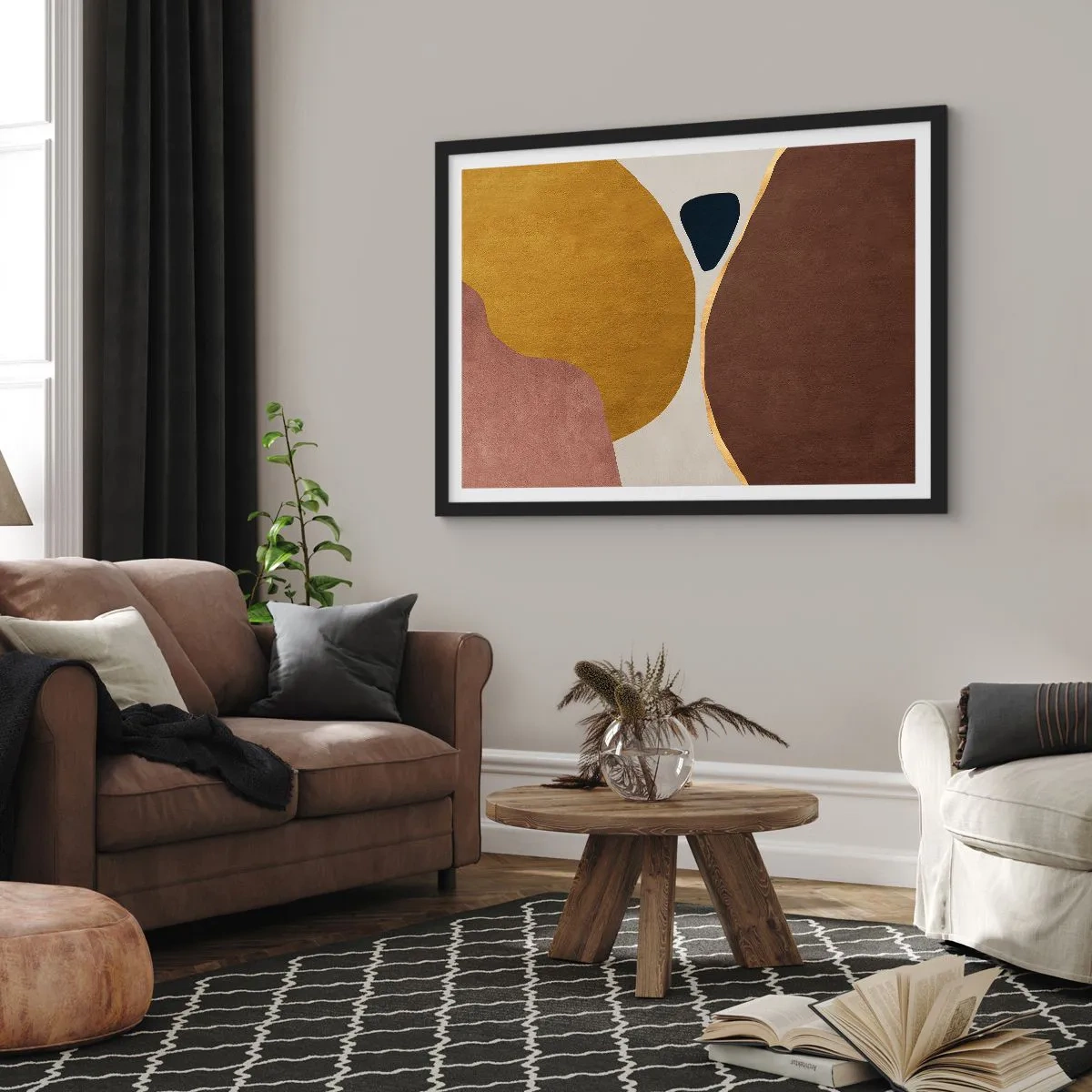 Poster in einem schwarzem Rahmen - Eine abstrakte Komposition mit geometrischen Formen in warmen Farben. - 70x50cm - Abstraktion – ein Ort im Raum - Moderne Wanddekoration für Wohnzimmer und Schlafzimmer ARTTOR