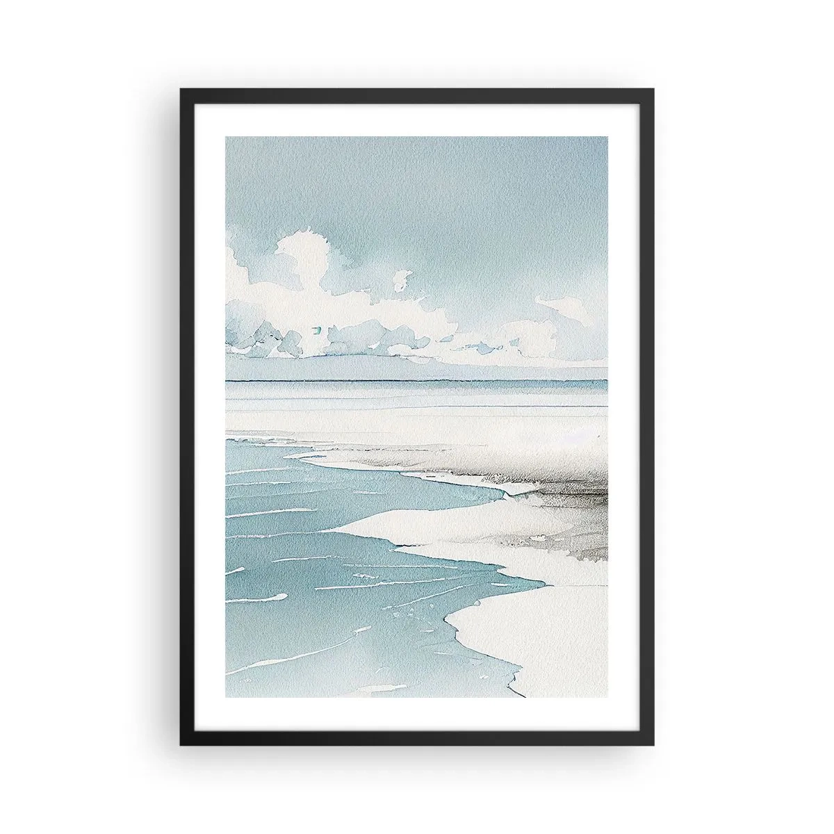 Poster in einem schwarzem Rahmen - Aquarell Küstenlandschaft in Pastelltönen - 50x70cm - Sanfte Flut - Moderne Wanddekoration für Wohnzimmer und Schlafzimmer ARTTOR