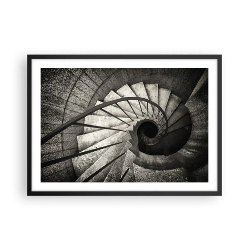 Poster in einem schwarzem Rahmen - Schwarz-weiße Wendeltreppe im modernen Stil - 70x50cm - Treppe hoch, Treppe runter - Moderne Wanddekoration für Wohnzimmer und Schlafzimmer ARTTOR