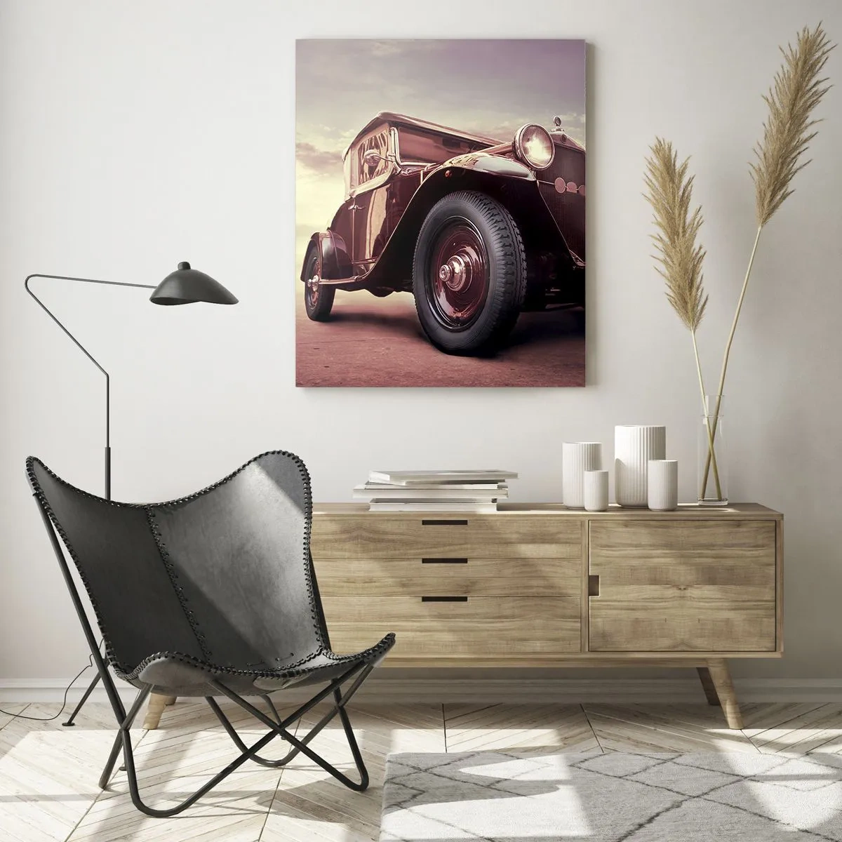 Glasbild - Bild auf glas - Ein Oldtimer im klassischen Stil vor dem Himmel - 80x120cm - Gehen wir zurück wie in alten Zeiten ... - Moderne Wanddekoration für Wohnzimmer und Schlafzimmer ARTTOR