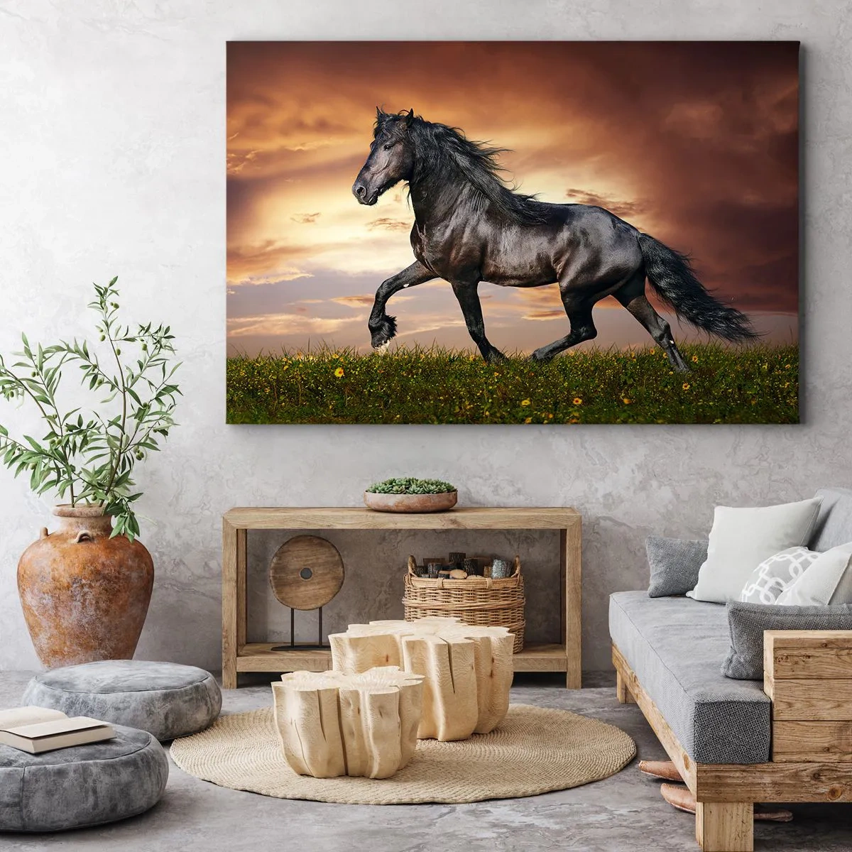 Bild auf Leinwand - Leinwandbild - Ein schwarzes Pferd galoppiert gegen die untergehende Sonne - 70x50cm - Schwarzer Prinz - Moderne Wanddekoration für Wohnzimmer und Schlafzimmer ARTTOR