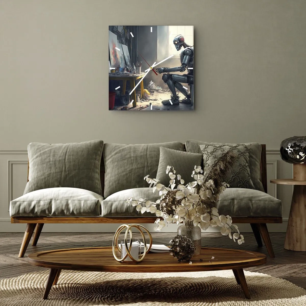 Wanduhr - Glasuhr - Ein Roboter malt ein Bild in einem Kunstatelier - 30x30cm - Schöpfungsakt - Moderne Wanddekoration für Wohnzimmer und Schlafzimmer ARTTOR