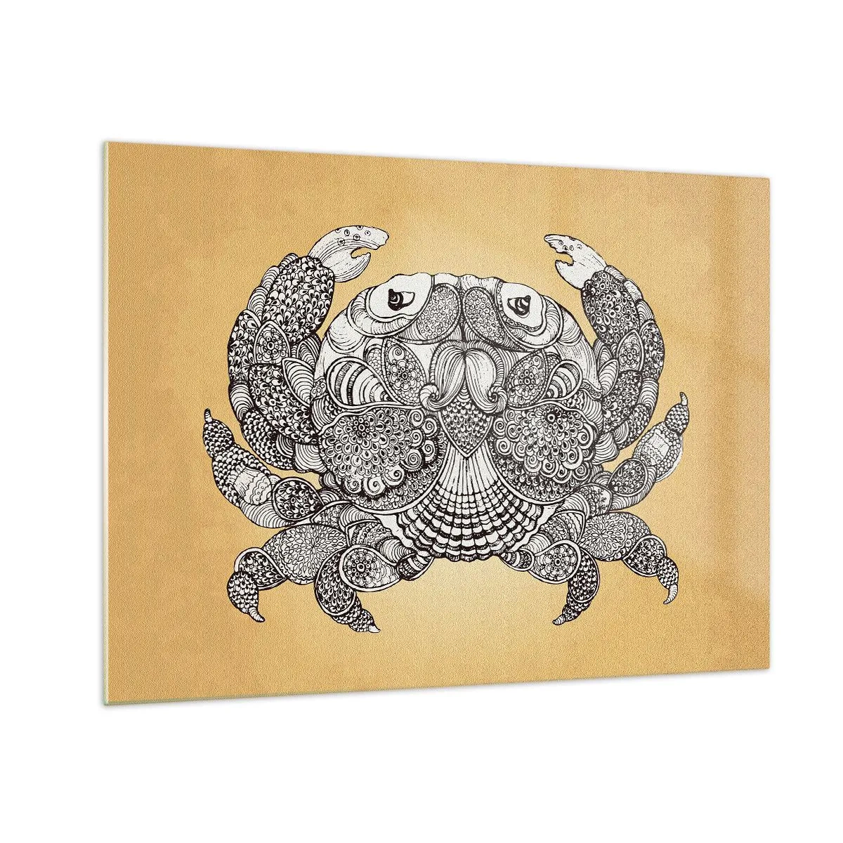 Glasbild - Bild auf glas - Stilisierte Zeichnung einer Krabbe mit Ornamenten auf gelbem Hintergrund - 70x50cm - Geschichten von Mr. Krabs - Moderne Wanddekoration für Wohnzimmer und Schlafzimmer ARTTOR