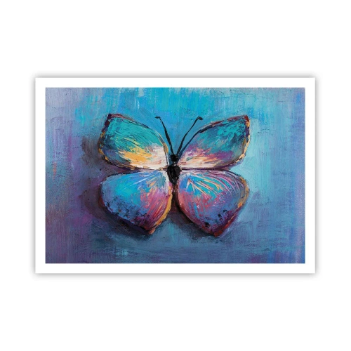 Poster - Bunter Schmetterling auf blauem Hintergrund - 100x70cm - In all seiner Pracht - Moderne Wanddekoration für Wohnzimmer und Schlafzimmer ARTTOR