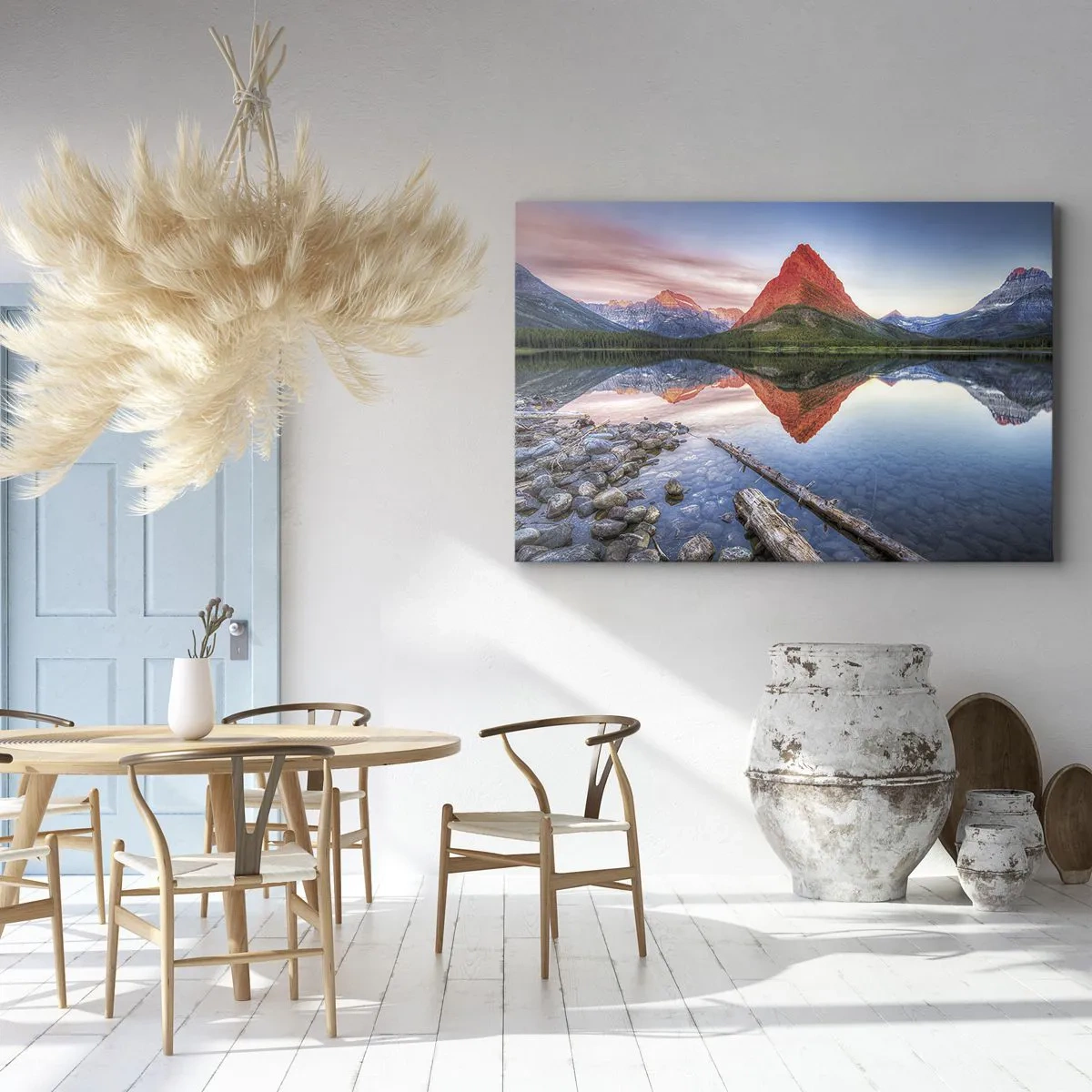 Bild auf Leinwand - Leinwandbild - Ein Berg, der sich bei Sonnenuntergang in einem See spiegelt - 70x50cm - Hitze und Kälte - Moderne Wanddekoration für Wohnzimmer und Schlafzimmer ARTTOR